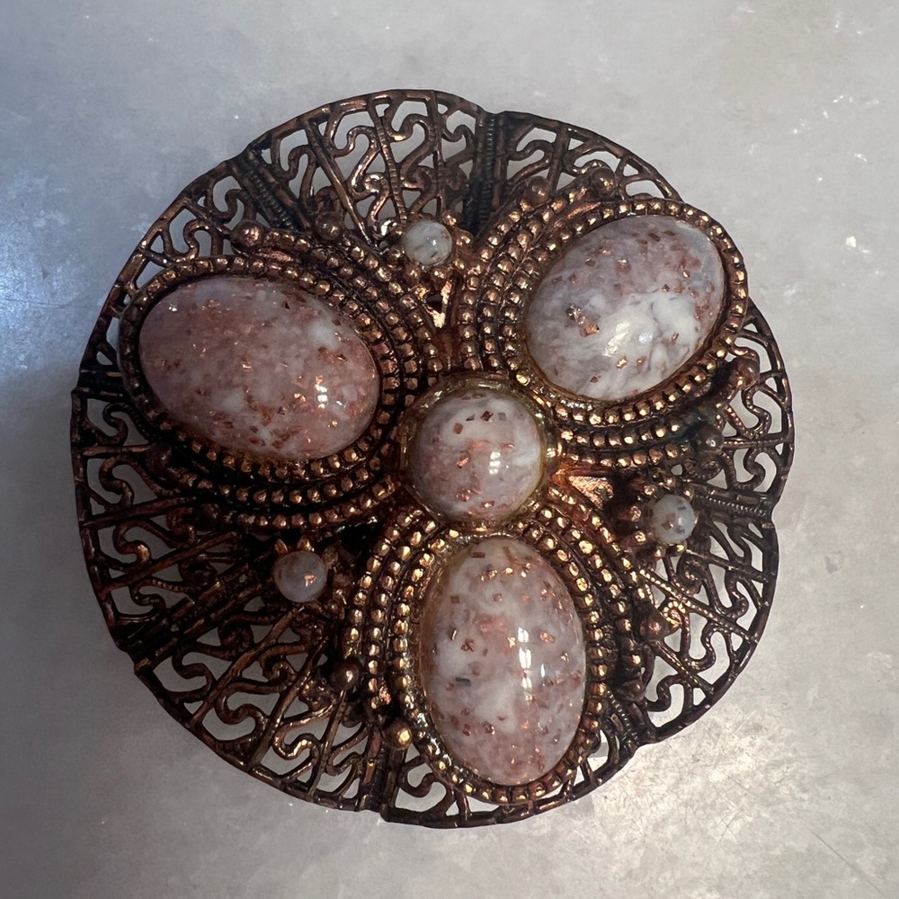 Copper Filigree Lucite Vintage Brooch Large